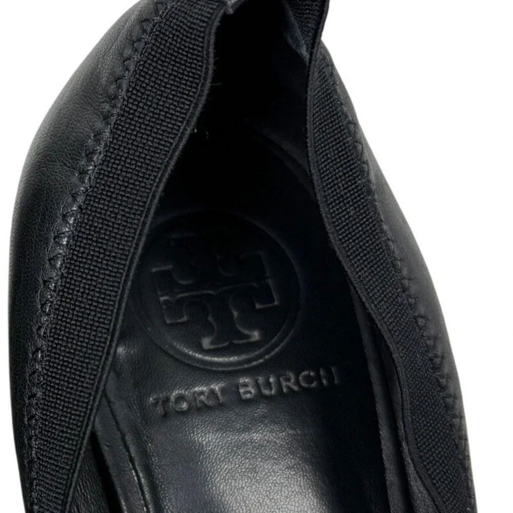 TORY BURCH Black Leather Caroline Wedge Pumps, Size 10